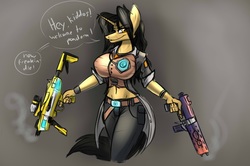 Size: 1933x1281 | Tagged: safe, artist:thedrunkcoyote, oc, oc only, oc:amber steel, unicorn, anthro, big breasts, borderlands, breasts, clothes, female, gun, handsome jack, solo, weapon