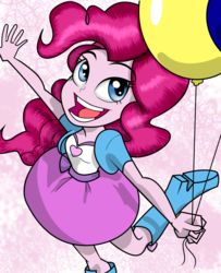 Size: 1024x1264 | Tagged: safe, artist:alligatorgummy, artist:lunchie, pinkie pie, equestria girls, g4, my little pony equestria girls: rainbow rocks, abstract background, balloon, boots, clothes, credits, eyebrows, eyebrows visible through hair, female, high heel boots, open mouth, open smile, shine like rainbows, skirt, smiling, solo, teeth