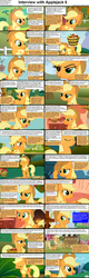 Size: 1282x4018 | Tagged: safe, applejack, comic:celestia's servant interview, g4, apple, blushing, caption, comic, cs captions, female, floppy ears, food, grawlixes, hilarious in hindsight, interview, pearlarious in hindsight, pie, solo, x.exe stopped working