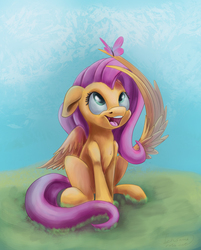 Size: 1097x1363 | Tagged: safe, artist:insanerobocat, fluttershy, butterfly, pegasus, pony, g4, female, floppy ears, looking up, open mouth, sitting, solo