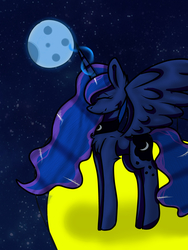 Size: 3000x4000 | Tagged: safe, artist:wolfieblueyt, princess luna, g4, chest fluff, ear fluff, eyes closed, female, magic, moon, smiling, solo, spread wings, stars