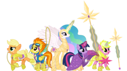 Size: 7500x4193 | Tagged: safe, artist:ggalleonalliance, artist:osipush, applejack, princess celestia, spitfire, sunshine smiles, twilight sparkle, g4, absurd resolution, armor, cape, celestial alliance, cloak, clothes, glowing horn, goggles, heroes of might and magic, horn, lance, lasso, ponies of flight and magic, rope, saddle, simple background, spear, transparent background, weapon