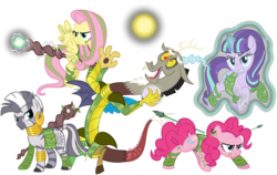 Size: 7500x4750 | Tagged: safe, artist:ggalleonalliance, artist:osipush, discord, fluttershy, pinkie pie, starlight glimmer, zecora, zebra, g4, absurd resolution, alternate hairstyle, armor, arrow, badass, camouflage, ear piercing, earring, flutterbadass, grin, heroes of might and magic, jewelry, legion of wildlife, levitation, magic, markings, piercing, ponies of flight and magic, pouch, self-levitation, simple background, smiling, smug, spear, staff, tattoo, telekinesis, transparent background, weapon