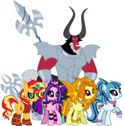 Size: 4500x4600 | Tagged: safe, artist:ggalleonalliance, artist:osipush, adagio dazzle, aria blaze, lord tirek, sonata dusk, sunset shimmer, bat pony, pony, unicorn, g4, absurd resolution, alternate hairstyle, armor, bat wings, bracelet, choker, glowing horn, heroes of might and magic, horn, jewelry, lance, messy mane, necklace, ponies of flight and magic, ponified, slit pupils, spear, spiked choker, spiked wristband, the dazzlings, tribes from tatarus, weapon