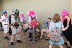 Size: 960x640 | Tagged: safe, pinkie pie, shining armor, sweetie belle, human, bronycon, bronycon 2016, g4, boba fatass, boba fett, clothes, cosplay, costume, cringing, irl, irl human, photo, star wars