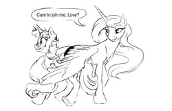 Size: 1280x828 | Tagged: safe, artist:silfoe, princess luna, twilight sparkle, alicorn, pony, other royal book, g4, black and white, blushing, butt touch, dialogue, feathermarking, female, grayscale, lesbian, mare, messy mane, missing accessory, monochrome, ship:twiluna, shipping, simple background, sketch, speech bubble, twilight sparkle (alicorn), white background, wing hold