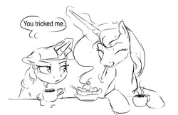 Size: 1280x828 | Tagged: safe, artist:silfoe, princess luna, twilight sparkle, alicorn, pony, other royal book, g4, black and white, coffee, dialogue, disgruntled, eating, eyes closed, female, food, glowing horn, grayscale, horn, ice cream, lesbian, magic, mare, monochrome, ship:twiluna, shipping, simple background, sketch, speech bubble, telekinesis, twilight sparkle (alicorn), white background