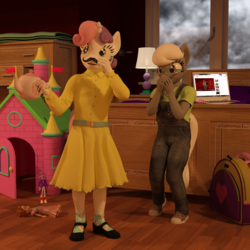 Size: 2000x2000 | Tagged: safe, artist:tahublade7, silver spoon, sweetie belle, anthro, plantigrade anthro, g4, 3d, blaze the cat, clothes, clothes swap, crossover, daz studio, dress, giggling, high res, moustache, overalls, socks, sonic the hedgehog (series)