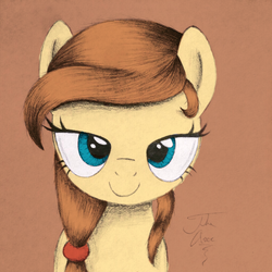 Size: 1024x1024 | Tagged: safe, artist:recoloring-crap-nsfw, artist:theasce, oc, oc only, oc:cream heart, earth pony, pony, g4, bedroom eyes, female, looking at you, mare, portrait, simple background, sketch, smiling, solo, traditional art