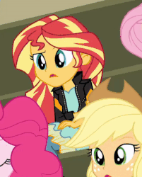 Size: 346x431 | Tagged: safe, screencap, applejack, fluttershy, pinkie pie, sunset shimmer, equestria girls, g4, my little pony equestria girls: friendship games, animated, bracelet, cropped, cute, female, jewelry, reversed, shimmerbetes