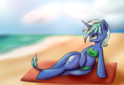 Size: 1280x873 | Tagged: safe, artist:novaspark, oc, oc only, oc:nova spark, beach, belly button, bikini, breasts, clothes, delicious flat chest, solo, swimsuit, wet, wide hips