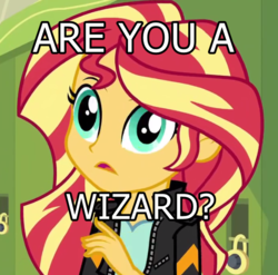 Size: 604x596 | Tagged: safe, edit, edited screencap, screencap, sunset shimmer, equestria girls, g4, my little pony equestria girls: friendship games, are you a wizard, canterlot high, caption, clothes, cropped, derp, faic, image macro, lockers, meme, text, text edit