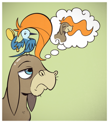 Size: 1200x1350 | Tagged: safe, artist:php104, cranky doodle donkey, bird, donkey, g4, bald, donald chirp, looking up, simple background, thinking, thought bubble, wig