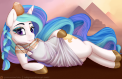 Size: 1280x828 | Tagged: safe, artist:aisuroma, princess celestia, g4, alternate hairstyle, bedroom eyes, braid, clothes, dress, egyptian, eyeshadow, female, jewelry, looking at you, makeup, necklace, on side, praise the sun, shoes, smiling, solo, wide hips