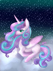Size: 1024x1371 | Tagged: safe, artist:cityofdreams, princess flurry heart, g4, female, prone, snow, snowfall, solo