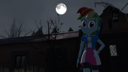 Size: 1920x1080 | Tagged: dead source, safe, artist:razethebeast, rainbow dash, equestria girls, g4, 3d, clothes, compression shorts, cute, female, full moon, looking at you, night sky, shorts, skirt, smiling, solo, source filmmaker, wristband