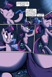 Size: 2000x2933 | Tagged: safe, artist:shieltar, part of a set, princess luna, twilight sparkle, pony, unicorn, comic:giant twilight, butt, comic, crushing, debris, dialogue, eating, edible heavenly object, giant pony, giantess, growth, heart, macro, magic, mega twilight sparkle, moon, part of a series, planet, plot, pony bigger than a planet, size difference, space, stars, straw, tangible heavenly object, unicorn twilight