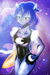 Size: 774x1160 | Tagged: safe, artist:ruhisu, princess luna, anthro, g4, clothes, female, human facial structure, life preserver, lifeguard, one-piece swimsuit, solo, swimsuit