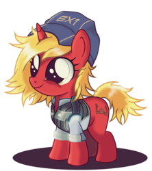 Size: 1366x1536 | Tagged: safe, artist:ruhisu, oc, oc only, oc:invictus, pony, big eyes, clothes, commission, cute, female, filly, foal, hat, mass effect, pilot, smiling, solo
