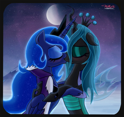 Size: 1451x1362 | Tagged: safe, artist:walliscolours, princess luna, queen chrysalis, alicorn, changeling, changeling queen, pony, g4, blushing, chrysaluna, crown, duo, eyes closed, female, jewelry, kissing, lesbian, mare, regalia, shipping