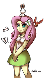 Size: 1481x2582 | Tagged: safe, artist:gabbslines, angel bunny, fluttershy, bird, butterfly, rabbit, equestria girls, g4, breasts, clothes, cute, female, hands together, legs, shyabetes, signature, skirt, solo, tank top