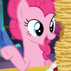 Size: 510x510 | Tagged: safe, screencap, pinkie pie, earth pony, pony, castle sweet castle, g4, season 5, animated, cute, diapinkes, female, food, gif, mare, open mouth, pancakes, raised hoof, smiling, solo
