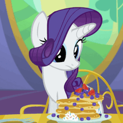 Size: 510x510 | Tagged: safe, screencap, rarity, pony, castle sweet castle, g4, season 5, animated, female, food, glowing horn, horn, magic, pancakes, rarity looking at food, solo, telekinesis