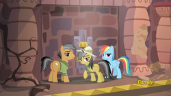 Size: 1280x720 | Tagged: safe, screencap, daring do, quibble pants, rainbow dash, earth pony, pegasus, pony, g4, stranger than fan fiction, butt, clothes, female, male, mare, plot, quibble butts, stallion, trio