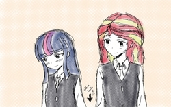 Size: 1280x800 | Tagged: safe, artist:angeltorchic, sunset shimmer, twilight sparkle, equestria girls, g4, blushing, clothes, female, holding hands, lesbian, ship:sunsetsparkle, shipping, smiling, twilight sparkle (alicorn)