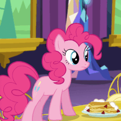 Size: 502x502 | Tagged: safe, screencap, pinkie pie, earth pony, pony, castle sweet castle, g4, season 5, animated, choking, chubby cheeks, eating, female, food, gif, hammerspace belly, mare, on table, pancakes, pica, plate, scrunchy face, solo, swallowing, throat bulge