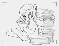 Size: 2614x2026 | Tagged: safe, artist:bustahoof, derpibooru exclusive, oc, oc only, oc:phoebe, earth pony, pony, book, camera, glasses, high res, monochrome, reading, smiling, solo