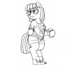 Size: 1280x1192 | Tagged: safe, artist:pabbley, maud pie, earth pony, pony, semi-anthro, g4, bipedal, clothes, female, glasses, monochrome, pun, shirt, solo
