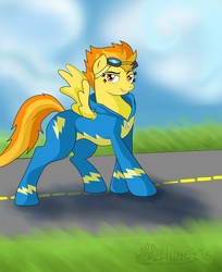 Size: 1046x1280 | Tagged: safe, artist:marcushunter, spitfire, pegasus, pony, g4, clothes, concave belly, female, looking at you, mare, runway, smiling, smirk, solo, strutting, wonderbolts uniform