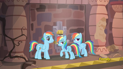 Size: 1280x720 | Tagged: safe, edit, edited screencap, screencap, daring do, quibble pants, rainbow dash, pegasus, pony, g4, stranger than fan fiction, butt, eyebrows, female, male, mare, plot, rainbow blitz, recolor, rule 63, stallion, the rainbow dash show