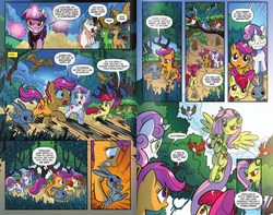 Size: 1183x930 | Tagged: safe, artist:tonyfleecs, idw, official comic, apple bloom, bulk biceps, fluttershy, scootaloo, sweetie belle, twilight sparkle, oc, oc:thom zahler, oc:tony fleecs, alicorn, bird, earth pony, pegasus, pony, rabbit, squirrel, tortoise, turtle, unicorn, g4, ponies of dark water, spoiler:comic, spoiler:comic44, animal, comic, cutie mark crusaders, female, filly, flying, foal, forest, infected, male, mare, poison ivy, poison ivyshy, preview, red eyes, running, speech bubble, stallion, twilight sparkle (alicorn), tyrant sparkle