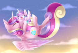 Size: 3900x2672 | Tagged: safe, artist:scarlet-spectrum, princess cadance, princess flurry heart, alicorn, pony, g4, baby, cloud, cute, cutedance, diaper, eyes closed, female, flurrybetes, flying, high res, mother and child, mother and daughter, open mouth, open smile, sky, smiling, sweet dreams fuel, wind