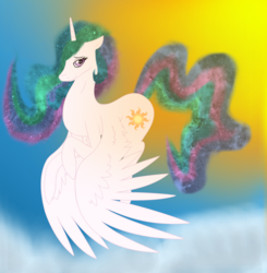 Size: 1632x1668 | Tagged: safe, artist:xxinfamouswormxx, princess celestia, g4, cloud, cute, flying, missing accessory, smiling, sun