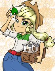 Size: 1024x1322 | Tagged: safe, artist:alligatorgummy, artist:lunchie, applejack, equestria girls, g4, my little pony equestria girls: rainbow rocks, abstract background, belt, bottle, box, clothes, cowboy hat, credits, denim skirt, eyebrows, female, hat, shine like rainbows, skirt, solo, stetson