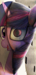 Size: 524x1080 | Tagged: safe, artist:chryseum, artist:equum_amici, edit, twilight sparkle, g4, animated, cinemagraph, eye shimmer, female, fourth wall, looking at you, mind screw, nightmare fuel, on side, open mouth, realistic, rotation, smiling, solo, surreal, uncanny valley, what has magic done