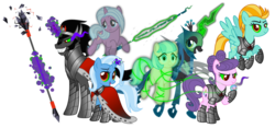 Size: 9000x4200 | Tagged: safe, artist:ggalleonalliance, artist:osipush, idw, coco pommel, king sombra, lightning dust, queen chrysalis, radiant hope, suri polomare, trixie, changeling, changeling queen, earth pony, ghost, pegasus, pony, unicorn, g4, absurd resolution, alternate universe, armor, bad end, cape, chains, cloak, clothes, cursed union, dark crystal, dark magic, female, glowing eyes, glowing horn, heroes of might and magic, horn, idw showified, magic, male, mare, ponies of flight and magic, spear, stallion, telekinesis, weapon, xk-class end-of-the-world scenario