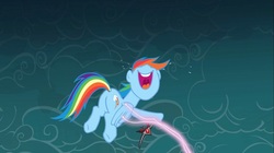Size: 1100x618 | Tagged: safe, screencap, rainbow dash, pegasus, pony, g4, magic duel, alicorn amulet, butt, female, mare, nose in the air, open mouth, plot, tickling, volumetric mouth