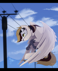Size: 1296x1588 | Tagged: safe, artist:tangomangoes, oc, oc only, oc:silent flight, hippogriff, cloud, flying, male, mask, signature, sky, solo, spread wings, telephone lines, telephone pole, wings