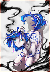 Size: 700x1000 | Tagged: safe, artist:hellythequeen, oc, oc only, oc:umbra, zebra, zebracorn, colored pupils, commission, female, jewelry, lidded eyes, looking at you, necklace, shadow magic, solo