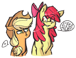 Size: 589x450 | Tagged: safe, artist:fastserve, apple bloom, applejack, g4, dialogue, older, simple background, sisters, size difference, white background