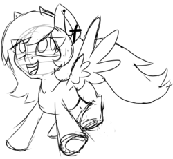 Size: 491x451 | Tagged: safe, artist:partypievt, oc, oc only, oc:windy spirit, pegasus, pony, collarbone, ear piercing, earring, female, flying, horseshoes, jewelry, looking up, monochrome, open mouth, piercing, sketch, smiling, solo, wip
