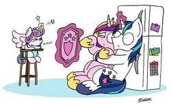 Size: 2202x1346 | Tagged: safe, artist:bobthedalek, princess cadance, princess flurry heart, shining armor, alicorn, pony, unicorn, g4, :o, eyes closed, family, frown, glowing horn, horn, hug, magic, refrigerator, scared, shield, simple background, sitting, sneezing, spread wings, white background