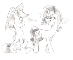 Size: 1078x893 | Tagged: safe, artist:saturdaymorningproj, applejack, rarity, pony, g4, female, flower, flower in mouth, grayscale, grin, lesbian, mare, monochrome, mouth hold, one sided shipping, rose, ship:rarijack, shipping, simple background, smiling, traditional art