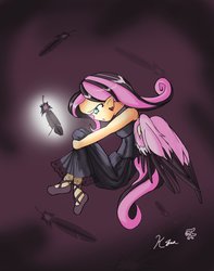 Size: 1795x2280 | Tagged: safe, artist:kei-waza, fluttershy, human, g4, clothes, dress, emoshy, feather, female, humanized, lidded eyes, open mouth, shoes, skirt, solo, tailed humanization, winged humanization