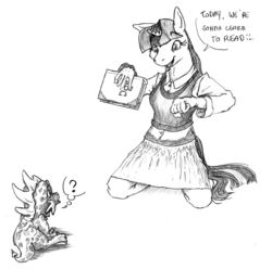 Size: 3428x3403 | Tagged: safe, artist:crazyrems, spike, twilight sparkle, anthro, g4, book, clothes, cute, monochrome, skirt