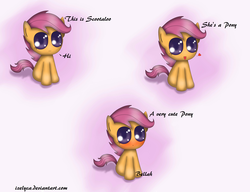 Size: 3895x2991 | Tagged: safe, artist:izelyca, scootaloo, pegasus, pony, g4, :3, :d, :o, big eyes, blushing, chibi, colored pupils, cute, cutealoo, female, filly, gradient background, happy, heart, hi, open mouth, sitting, smiling, solo, text, truth, understatement, weapons-grade cute, wide eyes, wingless